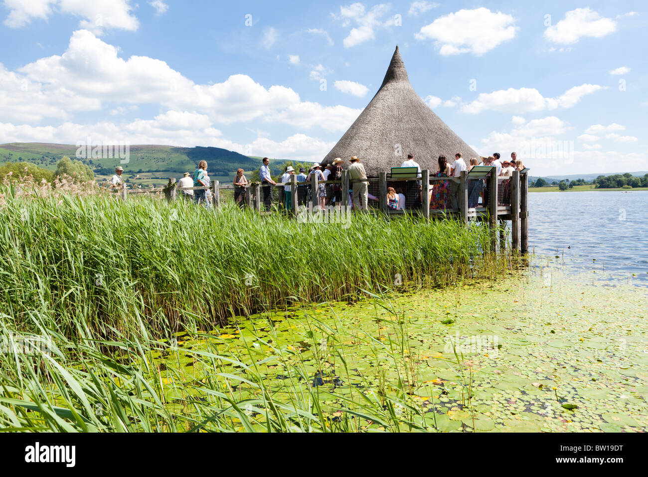 The reconstructed crannog on Llangorse Lake, SE of Brecon (Aberhonddu), Powys, Wales Stock Photo