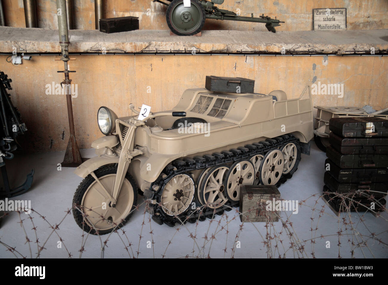 A German World War Two Kettenkrad motorbike on display at the Batterie Todt Museum, Audinghen at Cap Gris Nez, France. Stock Photo