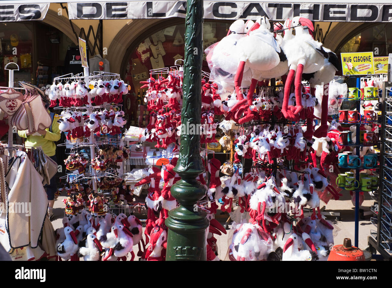 STORK CUDDLY TOYS DISPLAY AT SOUVENIR SHOP STRASBOURG ALSACE FRANCE