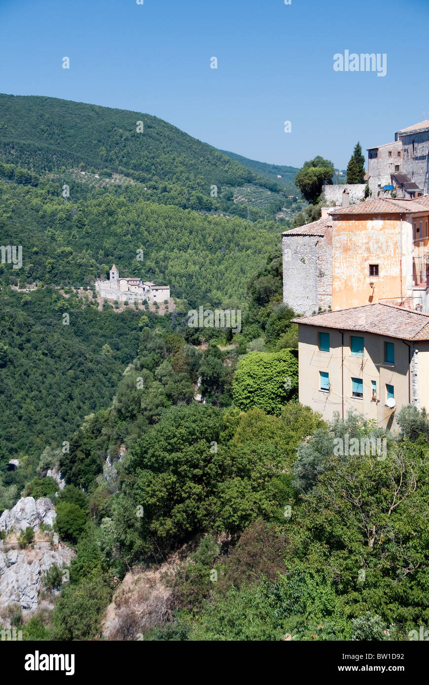 View of Umbrian hill town of Narni on the right and the Abbazia di San ...