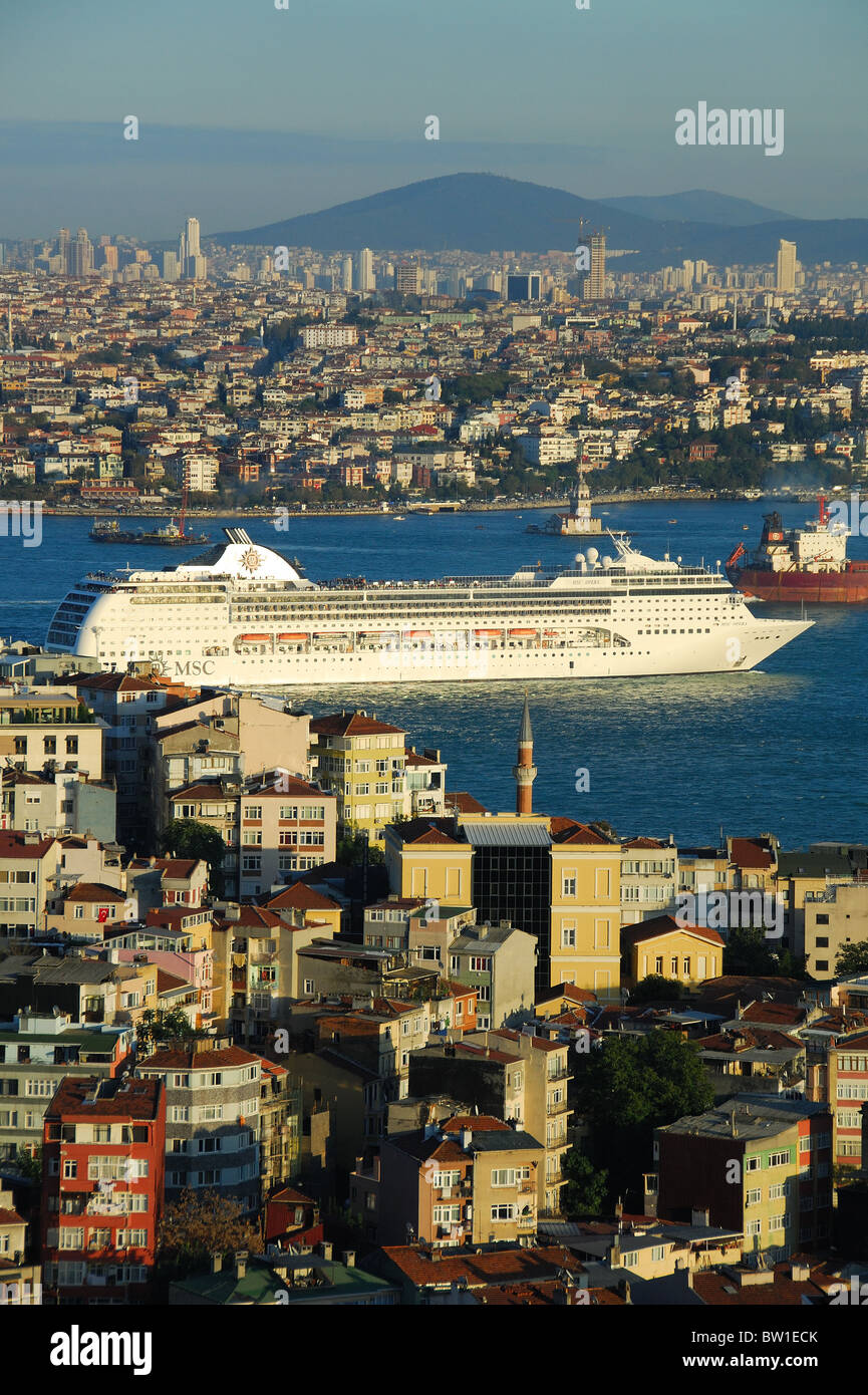ISTANBUL, TURKEY. A view of the Bosphorus from Beyoglu, with the cruise ship MSC Opera heading for the Sea of Marmara. 2010. Stock Photo