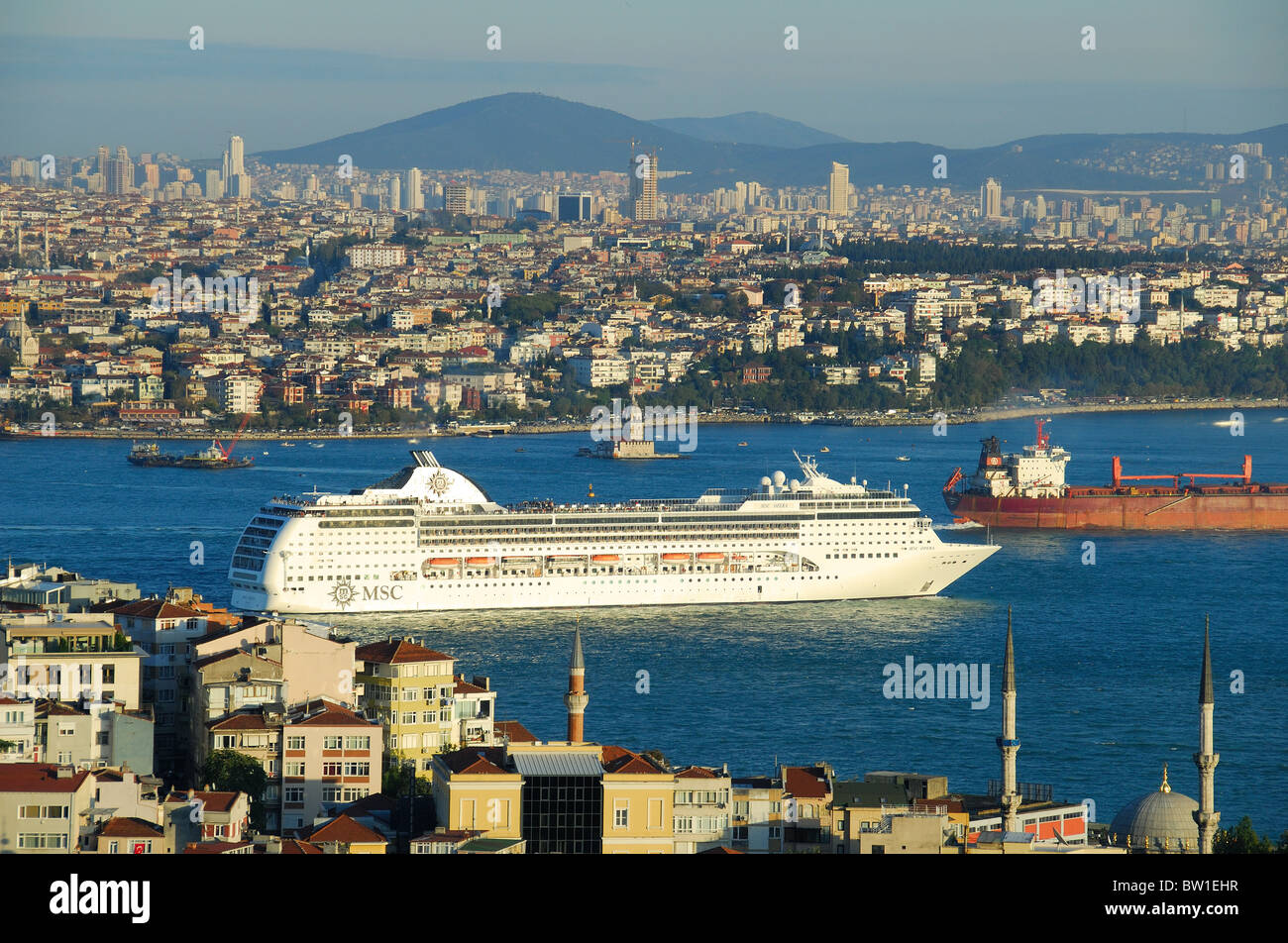 ISTANBUL, TURKEY. View of the Bosphorus strait from Beyoglu, with the cruise ship MSC Opera heading for the Sea of Marmara. 2010 Stock Photo