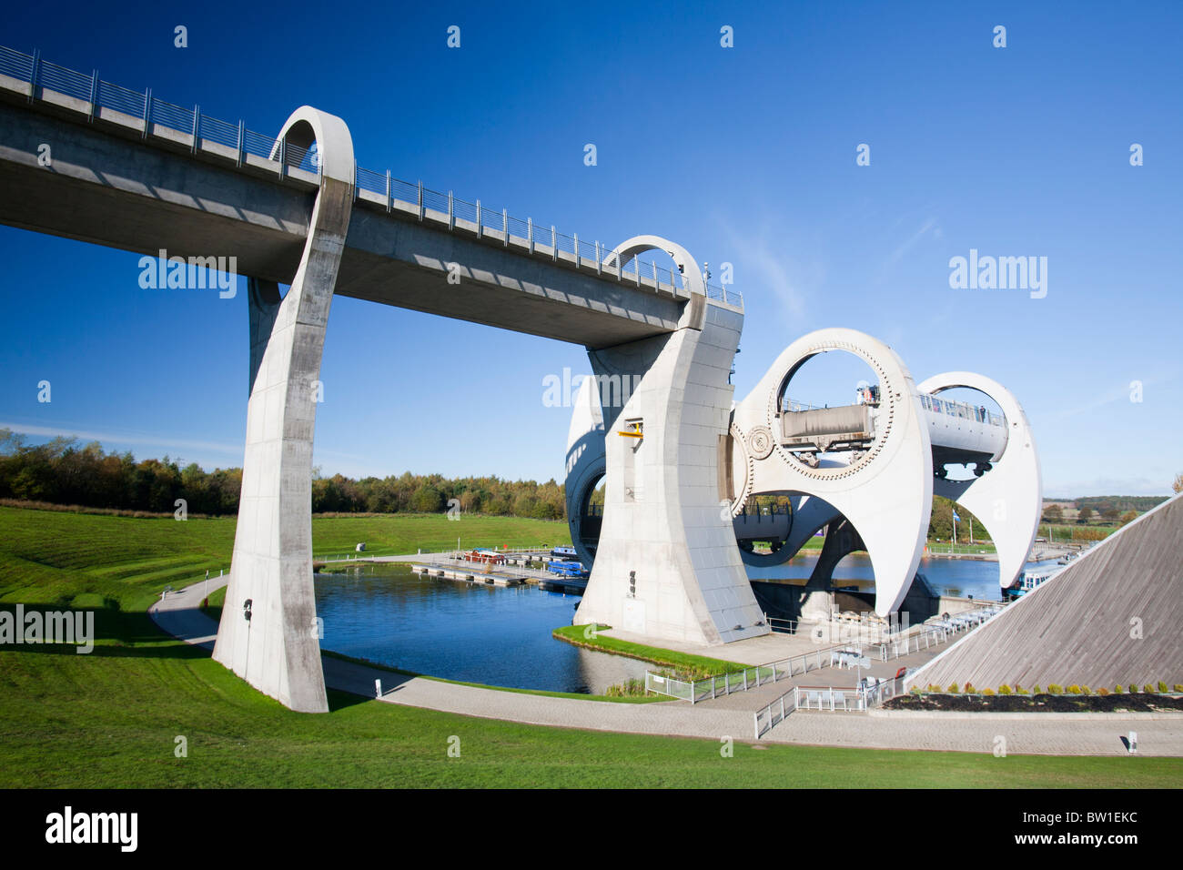 The Falkirk Wheel at Falkirk in Scotland UK. It is a unique rotating boat lift connecting the Forth and Clyde canals Stock Photo