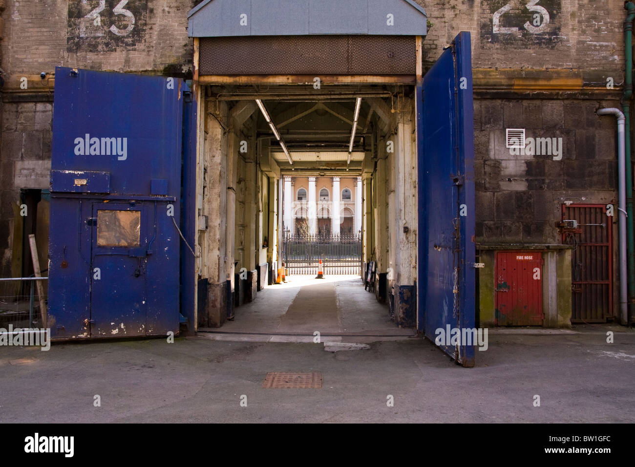 Inner doors of Crumlin Road jail in Belfast looking out to the Crumlin Road courthouse Stock Photo