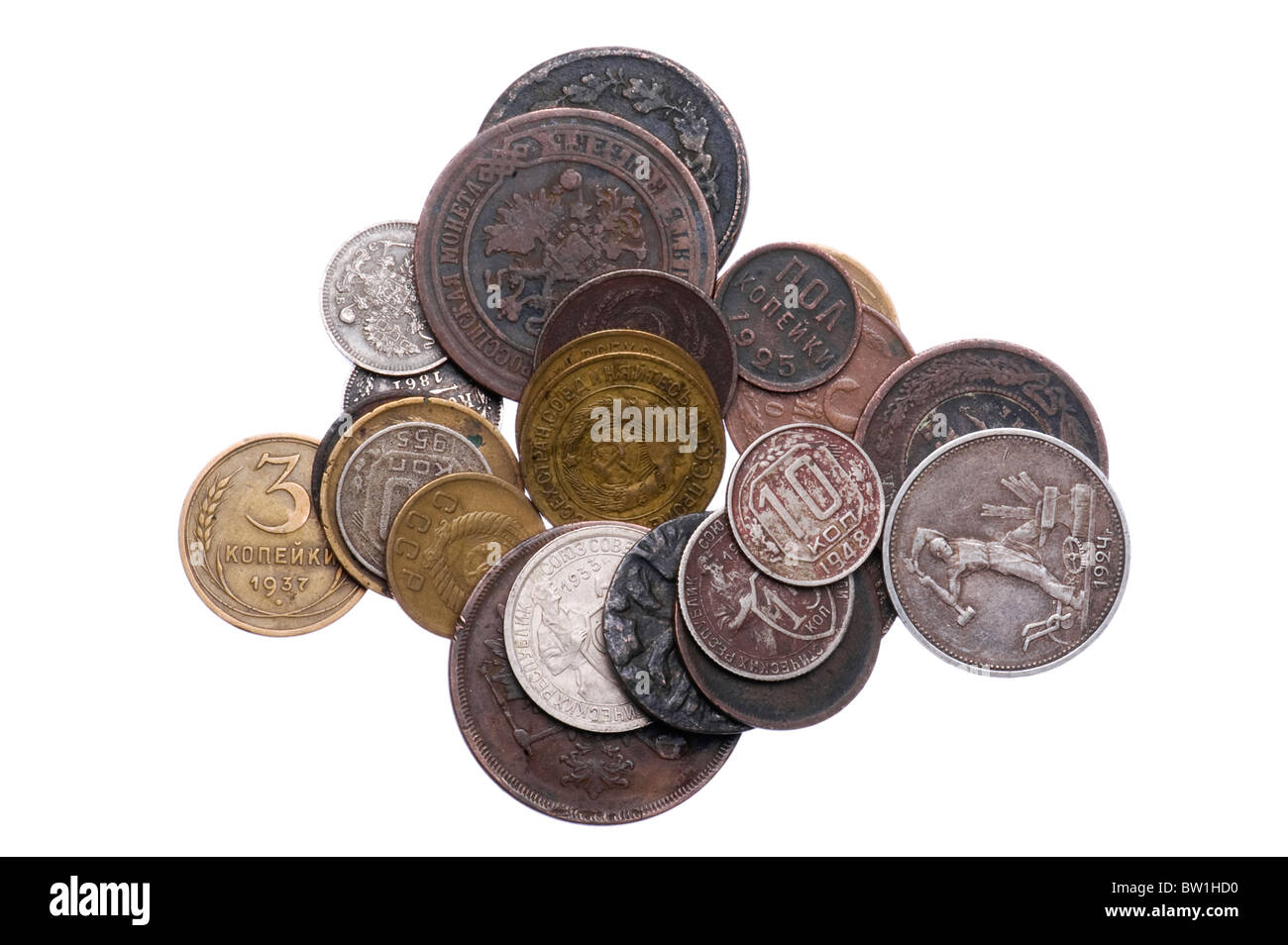 Coin Object object on white - Russia coins close up Stock Photo - Alamy