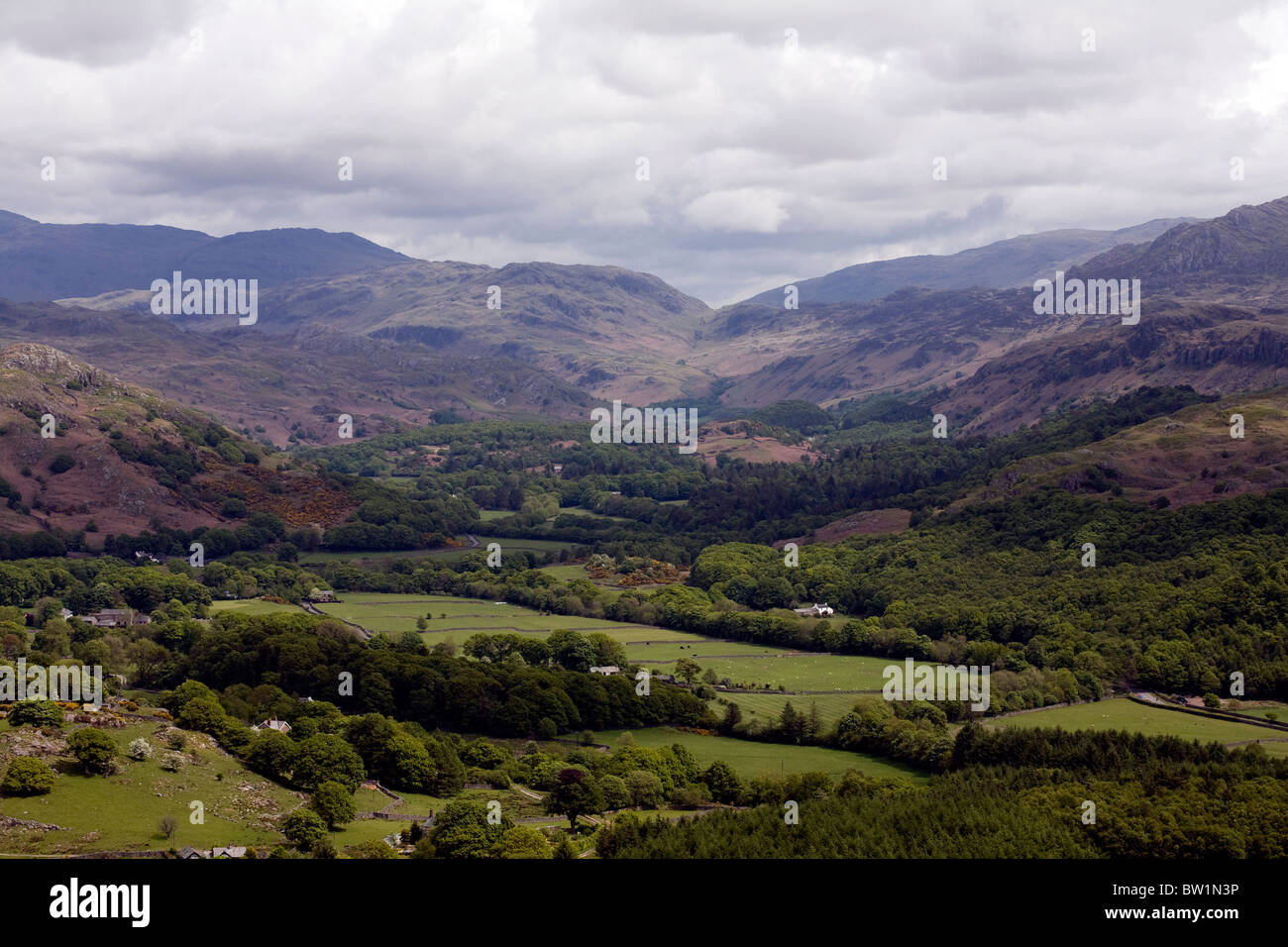 Eskdale looking along the valley toward Upper Eskdale from  Muncaster Fell Lake District Cumbria England Stock Photo