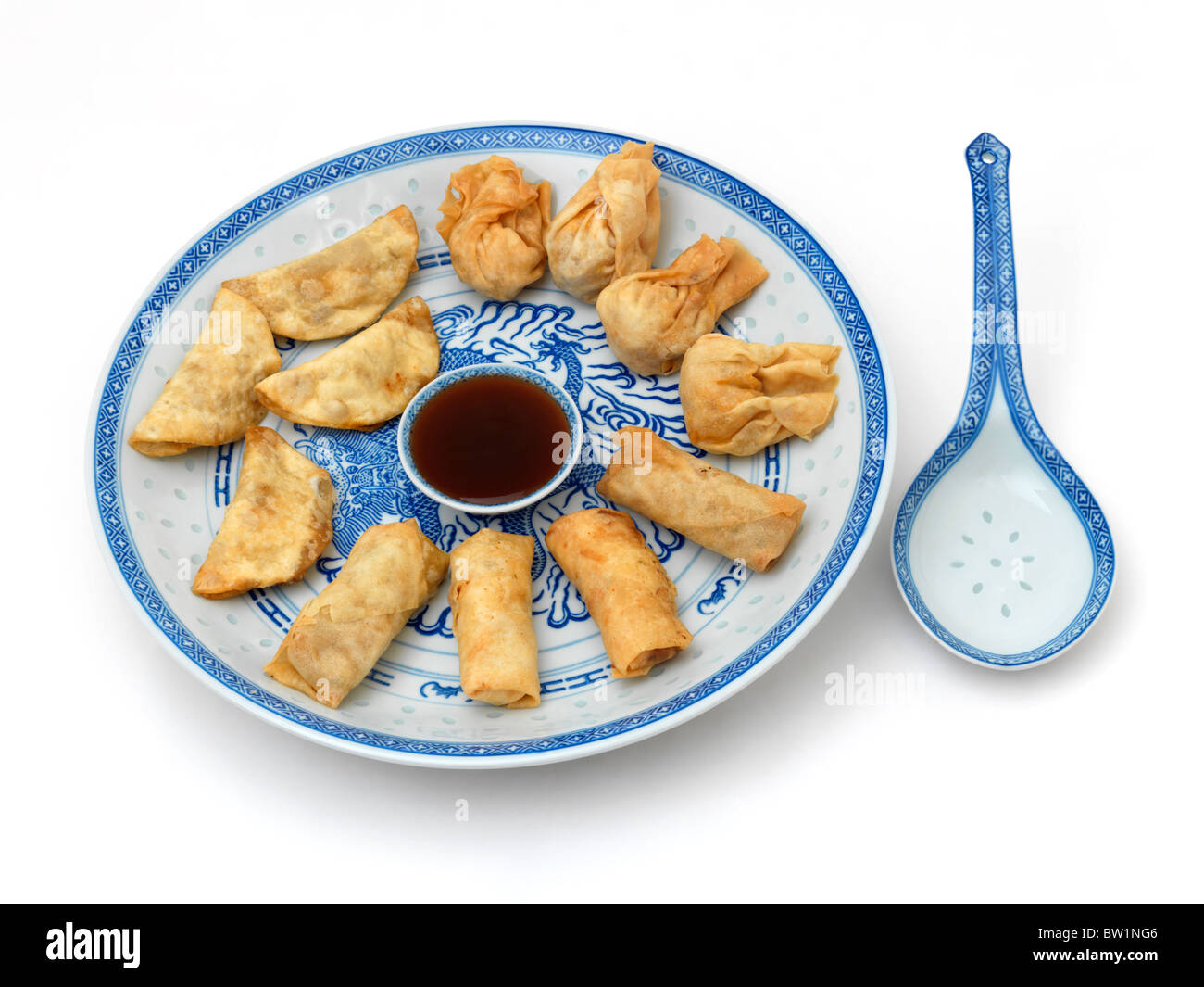 Dim Sum Selection of Oriental Fried Dumplings, Beef and lemon grass Gyoza, Sweet and Hot Chicken and Vegetable with Plum Sauce Stock Photo