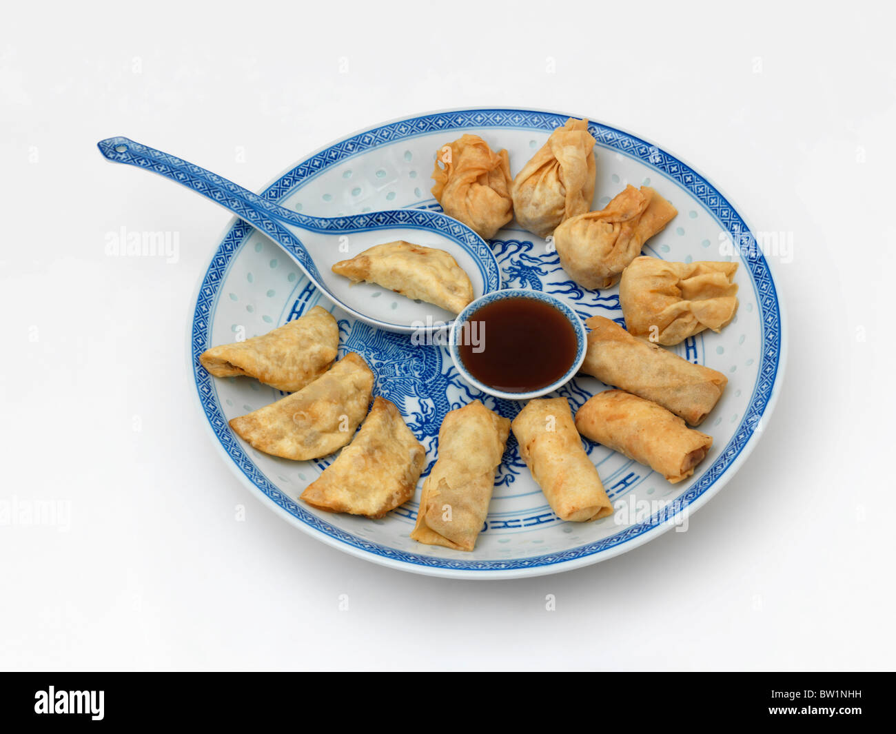 Dim Sum Selection of Oriental Fried Dumplings, Beef and lemon grass Gyoza, Sweet and Hot Chicken and Vegetable with Plum Sauce Stock Photo