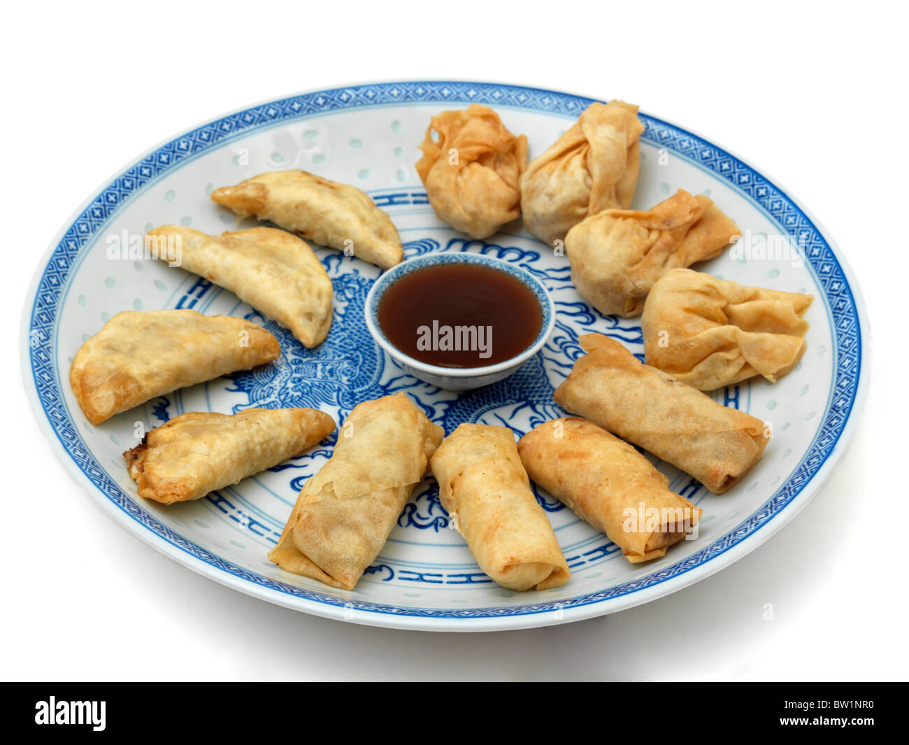 Dim Sum Selection of Oriental Fried Dumplings, Beef and lemon grass Gyoza, Sweet and Hot Chicken and Vegetable with Plum Sauce Stock Photo