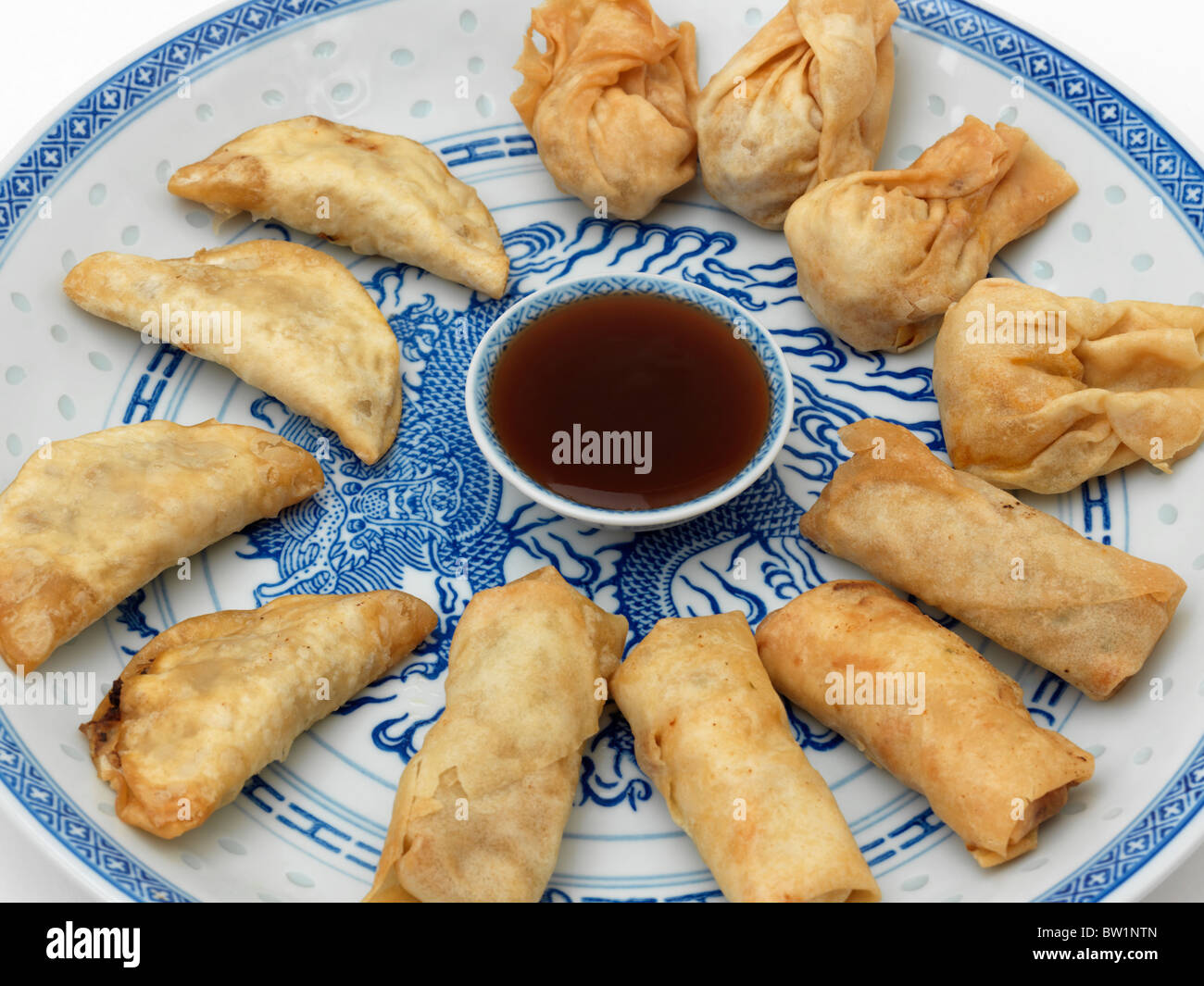 Dim Sum Selection of Oriental Fried Dumplings, Beef and lemon grass Gyoza, Sweet and Hot Chicken and Vegetable with Plum Sauce Stock Photo