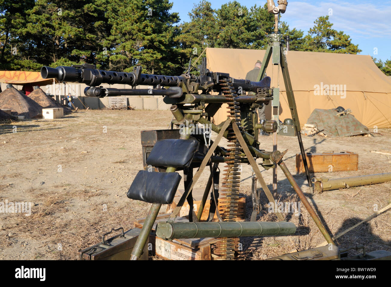 Military machine gun with ammunition set up at a camp reenactment on Camp Edwards at the Massachusetts Military Reservation, US Stock Photo