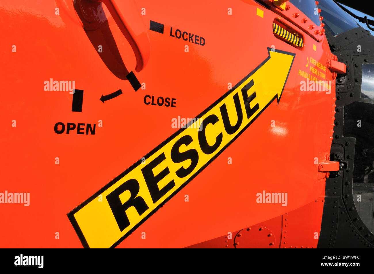 Rescue logo on side door of USCG Helicopter Stock Photo