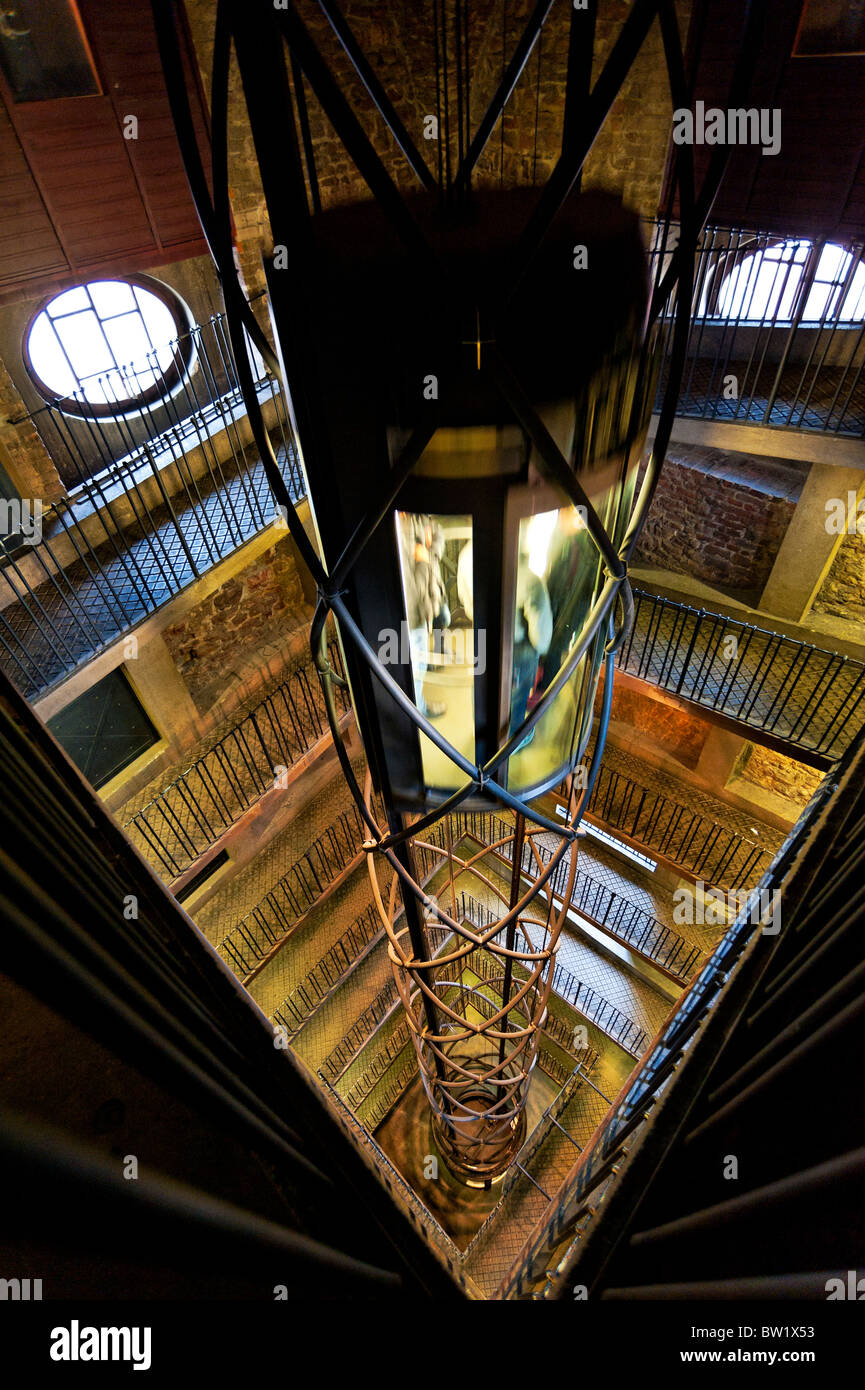 Modern futuristic elevator inside the Astronomical clock tower in the Old Town Square Prague Stock Photo