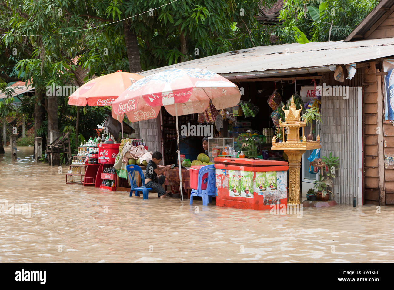 Street scene of floods in Siem Reap. Cambodia. Asia Stock Photo