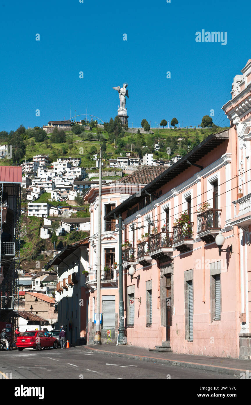 Quito, Ecuador. Historic Center street with the Virgin of Quito