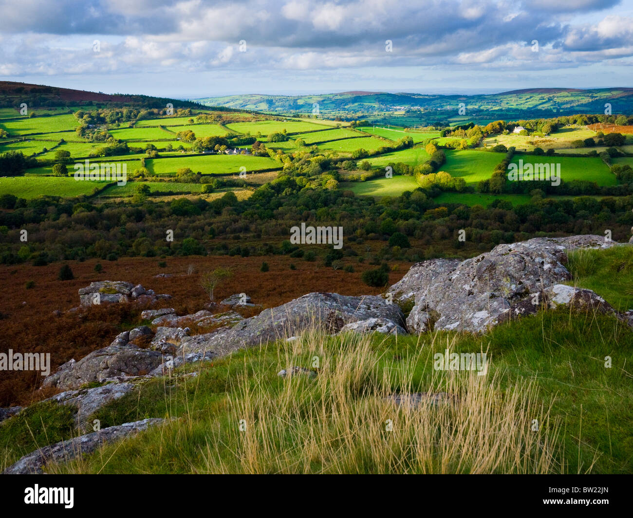 The Dartmoor National Park landscape viewed north from Hayne Down near