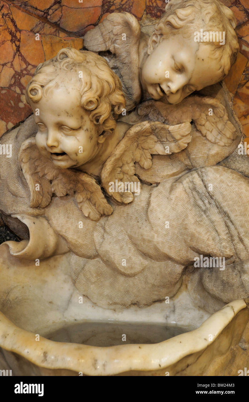 Holy water receptacle with cherubs, La Maddalena church Stock Photo