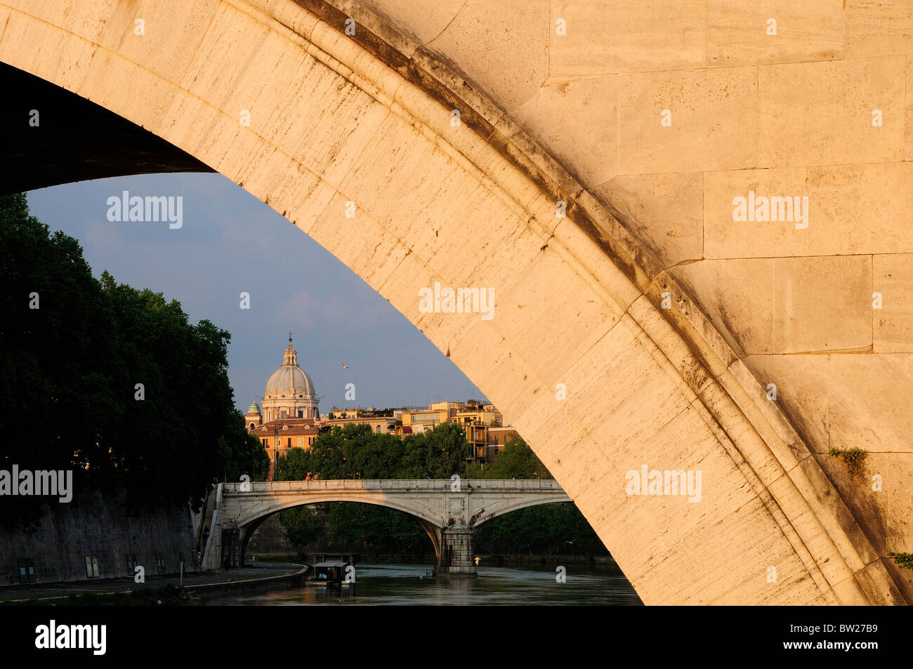 Bridge with River view of Tiber San Carlo al Corso church, Ponte Sant'Angelo Stock Photo