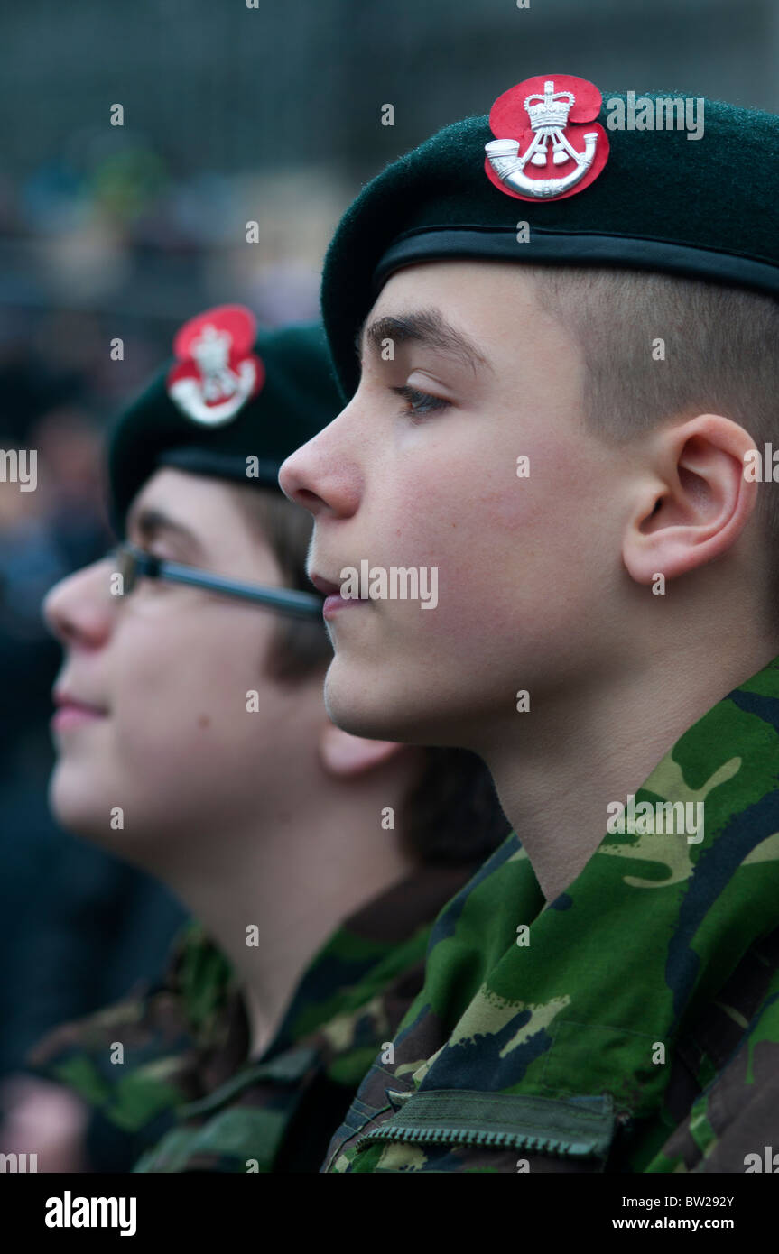 November 11th 2010. Remembrance Day Trafalgar Square. Two young army cadets stand to attention. Stock Photo