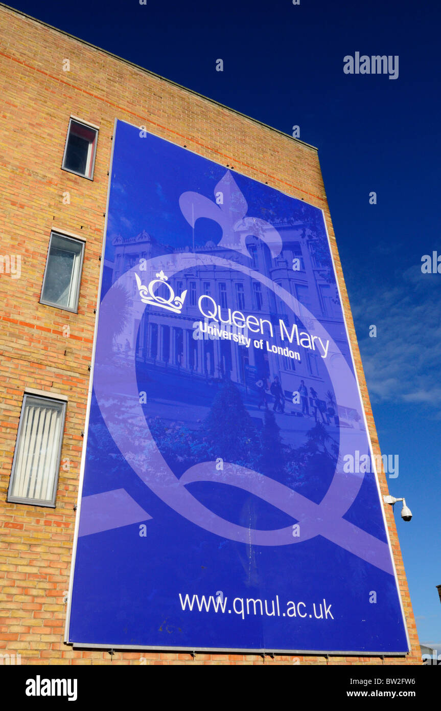 Queen Mary University of London sign poster billboard, Mile End Road, London, England, UK Stock Photo