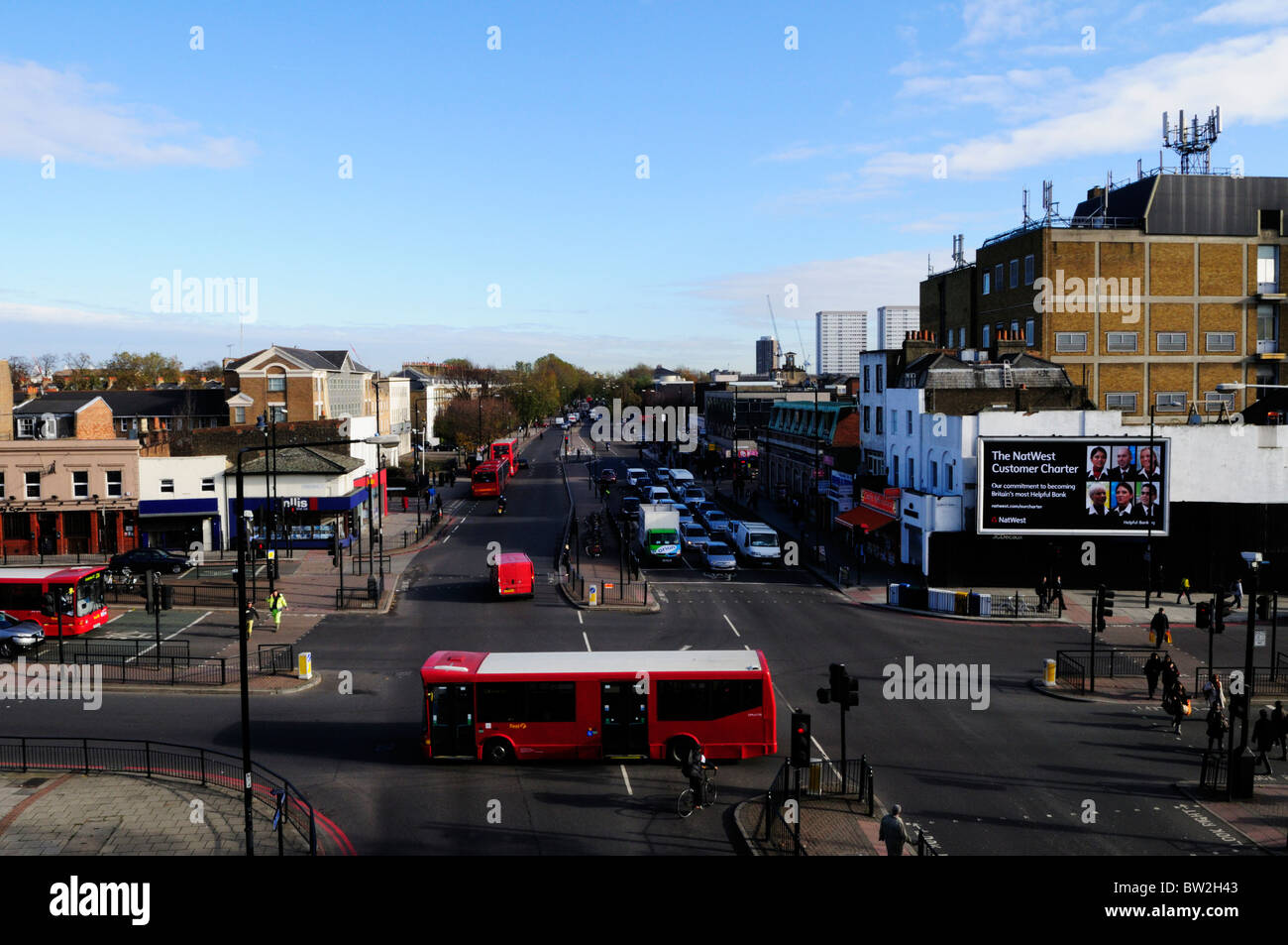 Mile End Road looking East from the Green Bridge, Mile End, London, England, UK Stock Photo