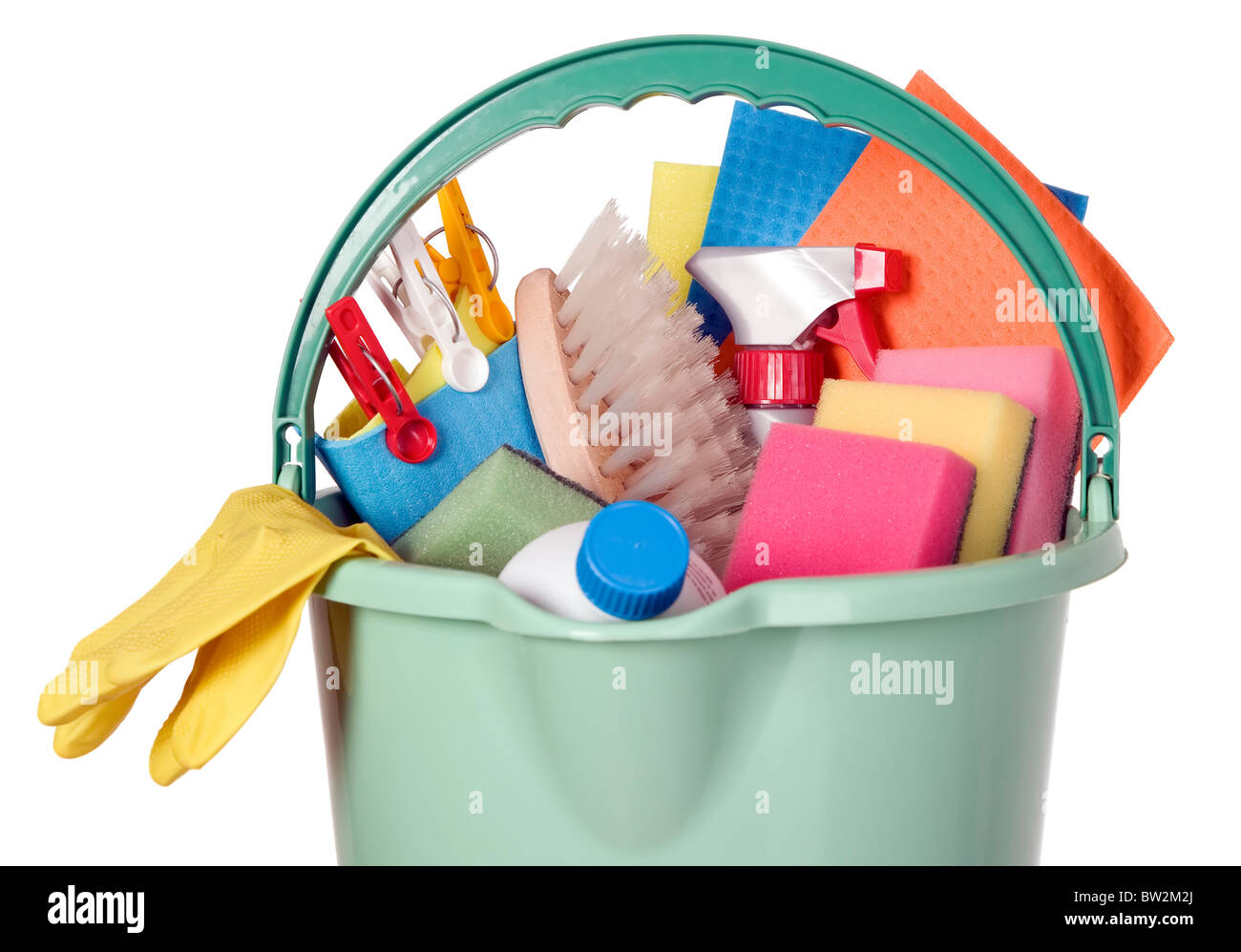 Bucket filled with cleaning industry tools, clean service Stock Photo