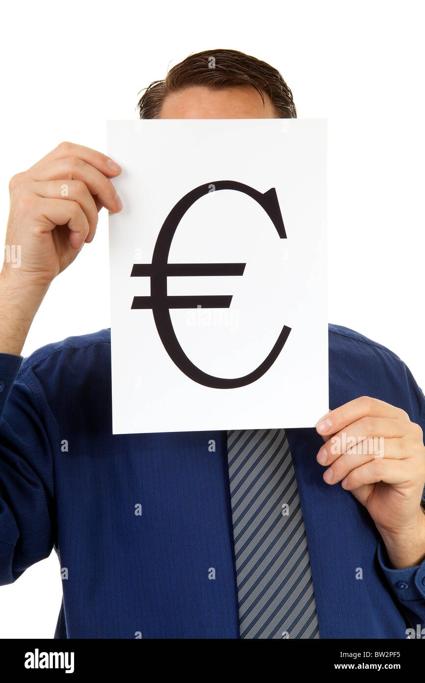 Businessman is holding board with euro sign over white background Stock ...