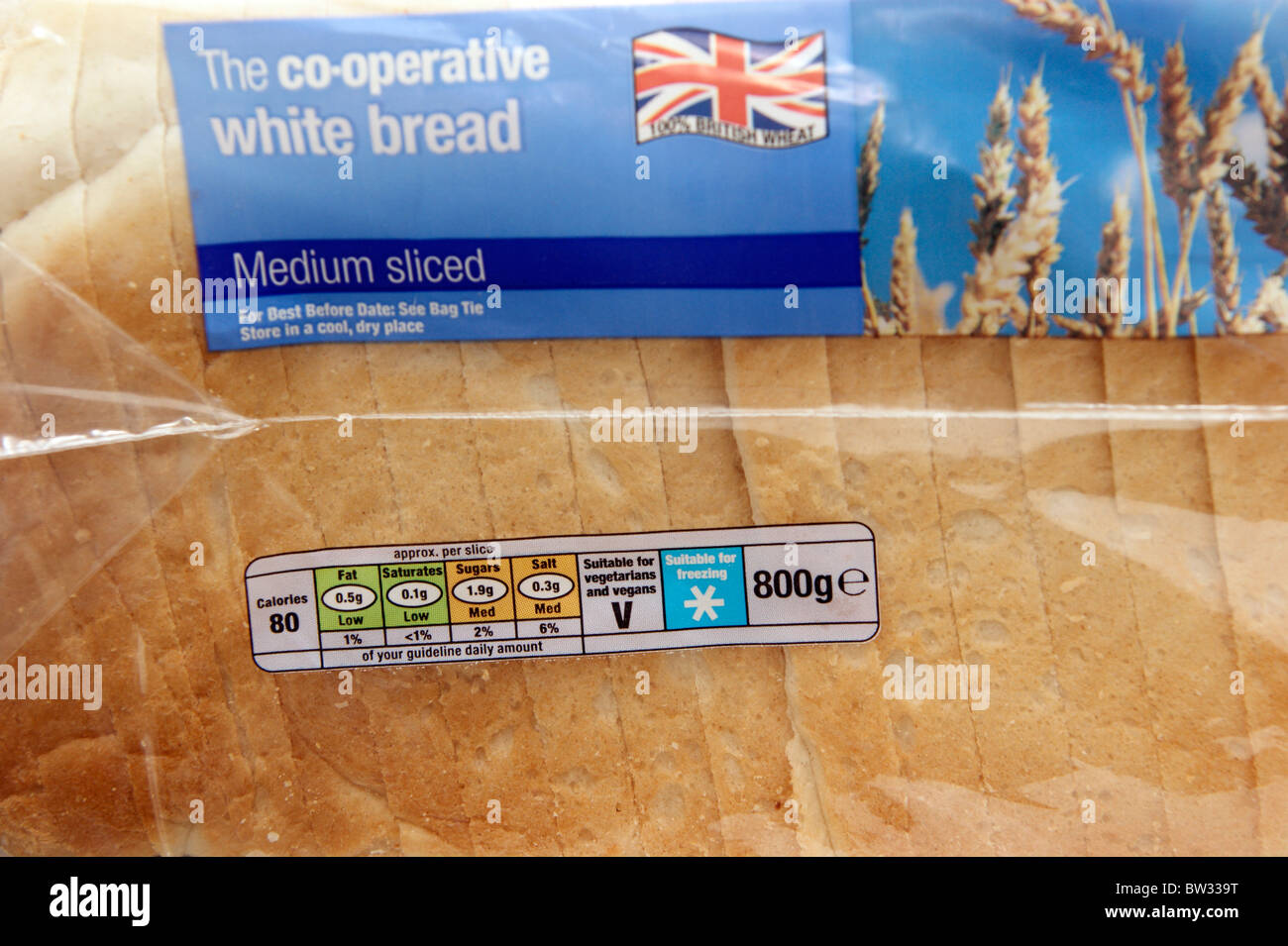 ''traffic lights'' system of nutritional information guidelines & the British wheat sign on a loaf of bread Stock Photo
