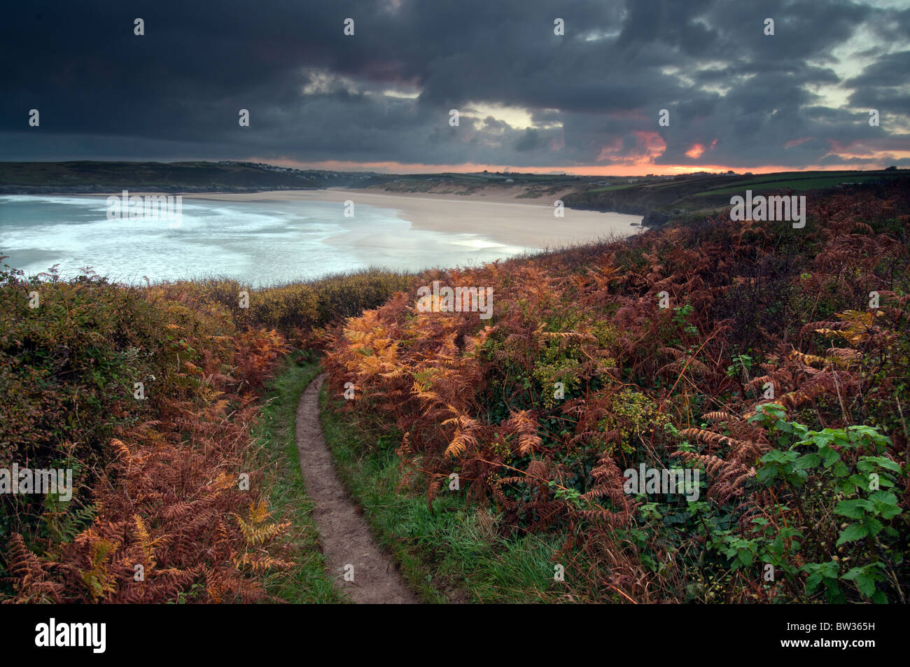 Autumn Sunrise over Crantock Bay near Newquay on the North Cornish coast Stock Photo