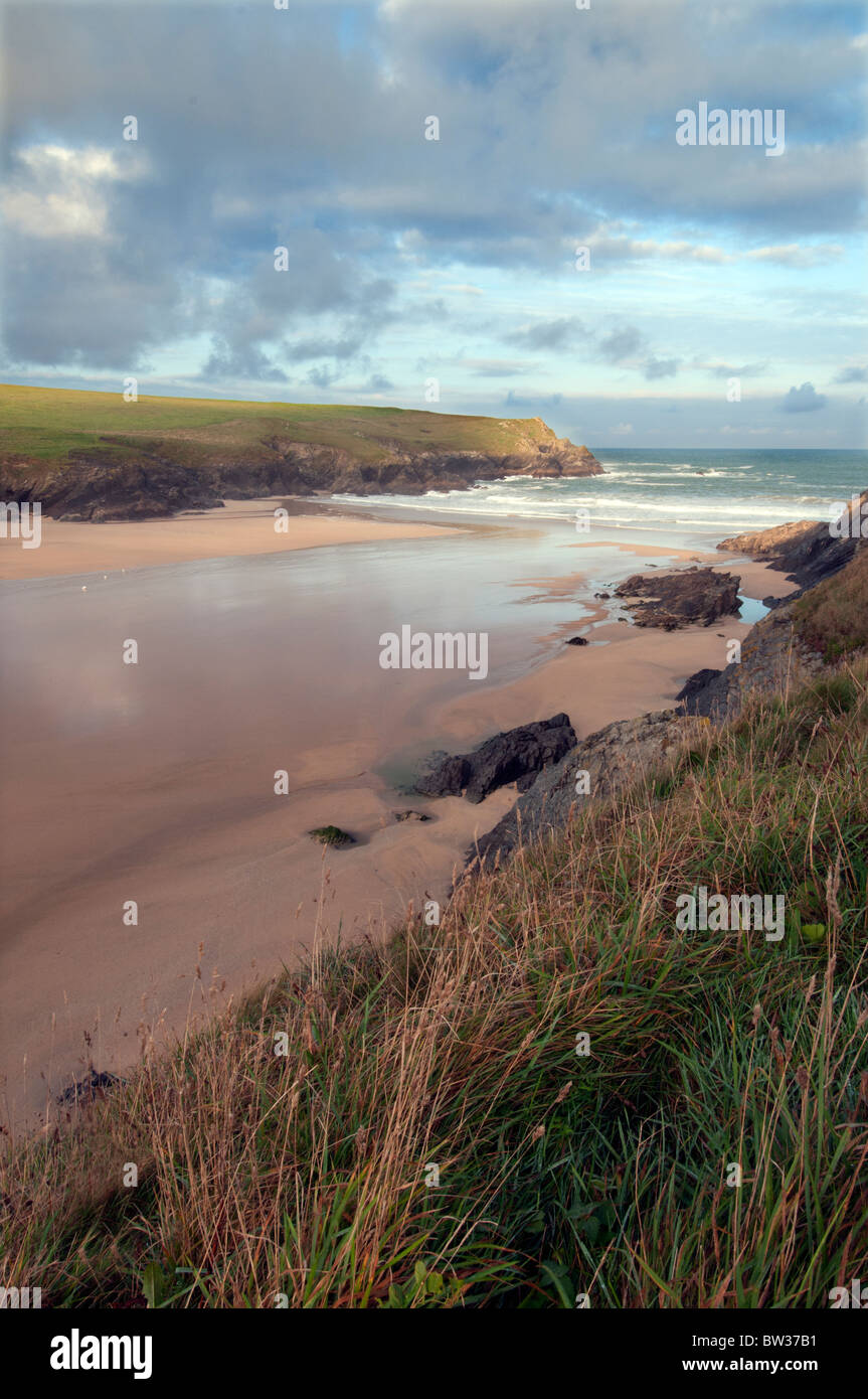 A deserted beach at Porth (Polly) Joke on the North Cornish coast between Crantock and Holywell Bay Stock Photo