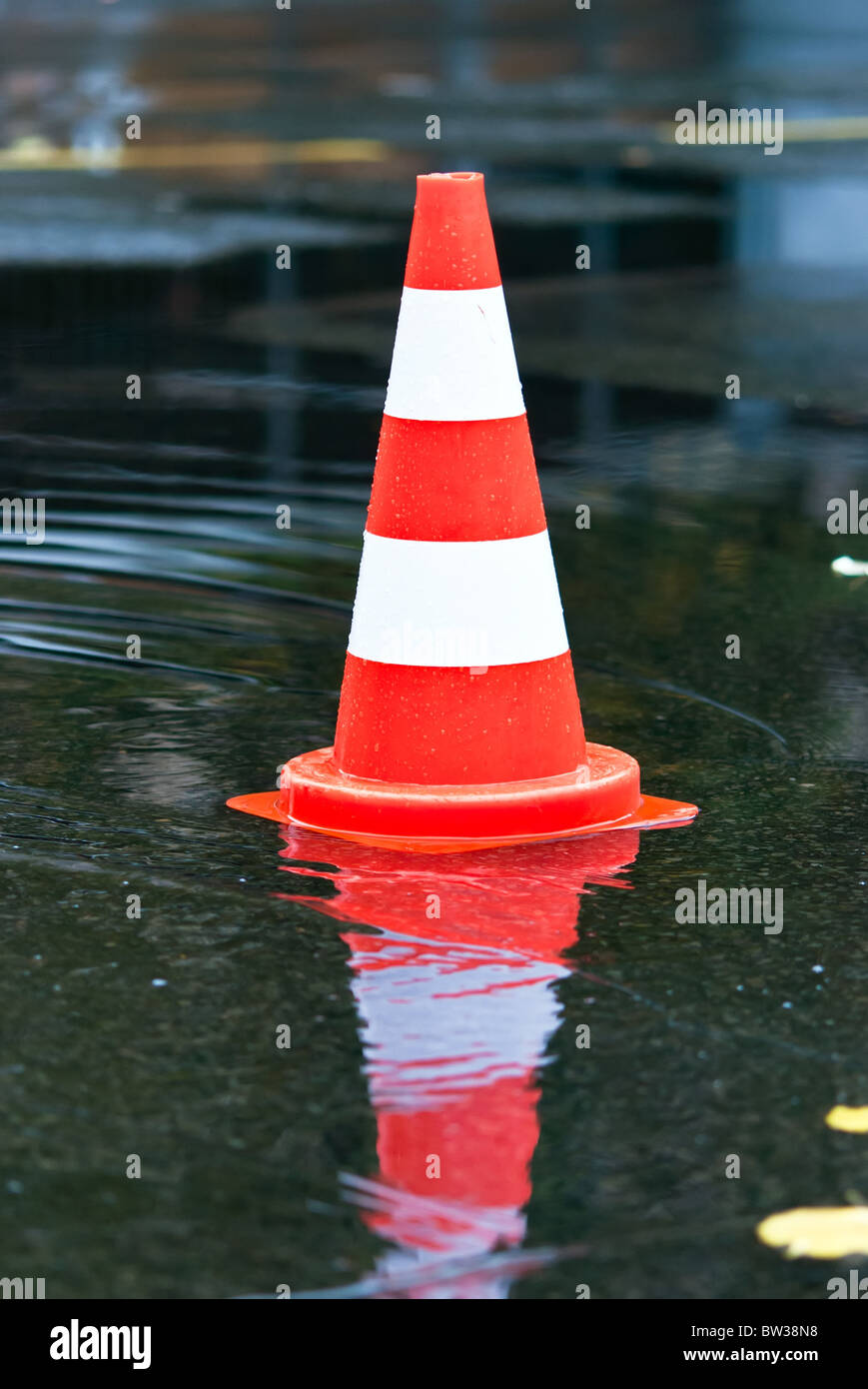 warning cone in a puddle at the street Stock Photo