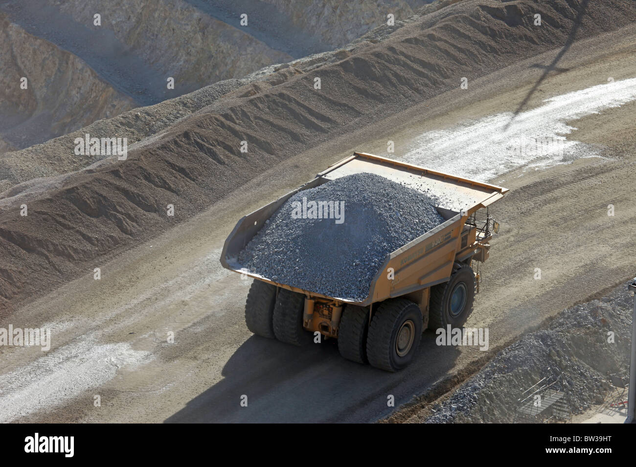 Large mine dump trucks on road in Kennecott Copper Mine in central Utah