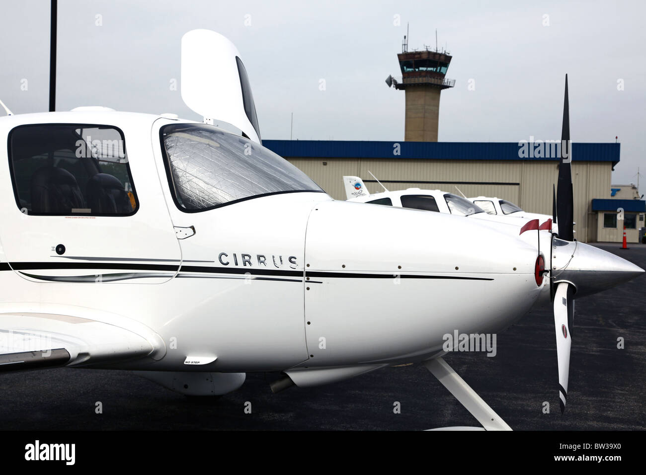 Partial view of a Cirrus SR22 parked at Westchester County Airport, Harrison, NY, USA Stock Photo