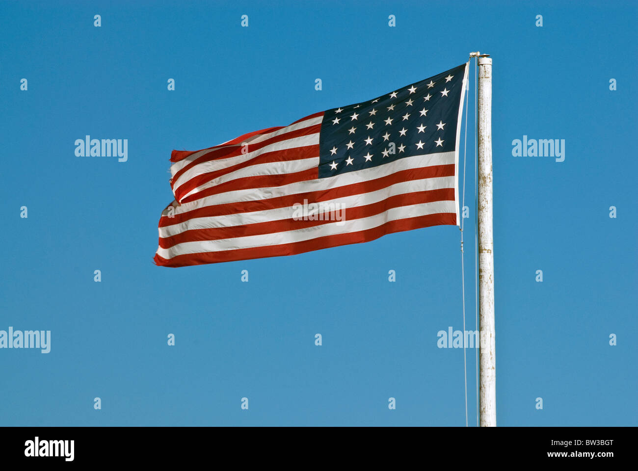 US flag with 33 stars from period 1859-1861 flying over Fort Lancaster State Historic Site, Texas, USA Stock Photo