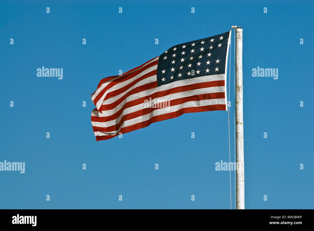US flag with 33 stars from period 1859-1861 flying over Fort Lancaster State Historic Site, Texas, USA Stock Photo