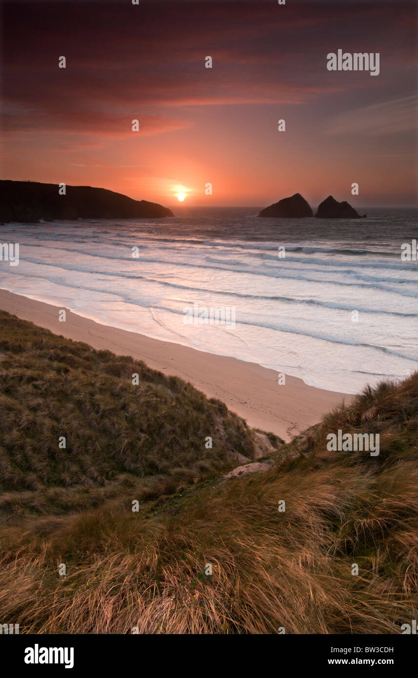 Sunset at Holywell bay near Newquay on the North Cornish coast Stock Photo
