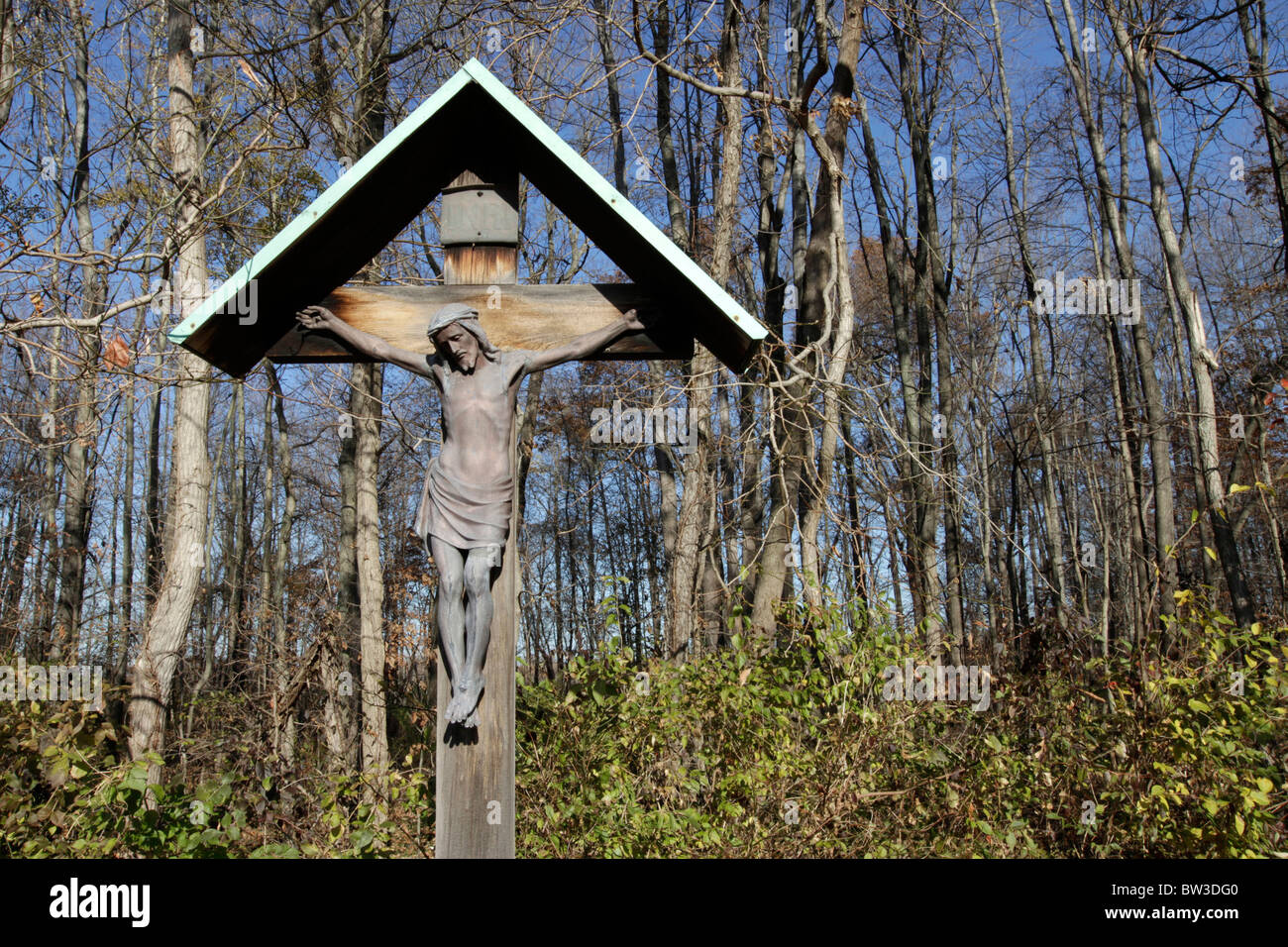 Crucifix erected in Vera Cruz cemetery in Ohio. The cemetery, not in use anymore, has graves dating back to the 18th Century Stock Photo