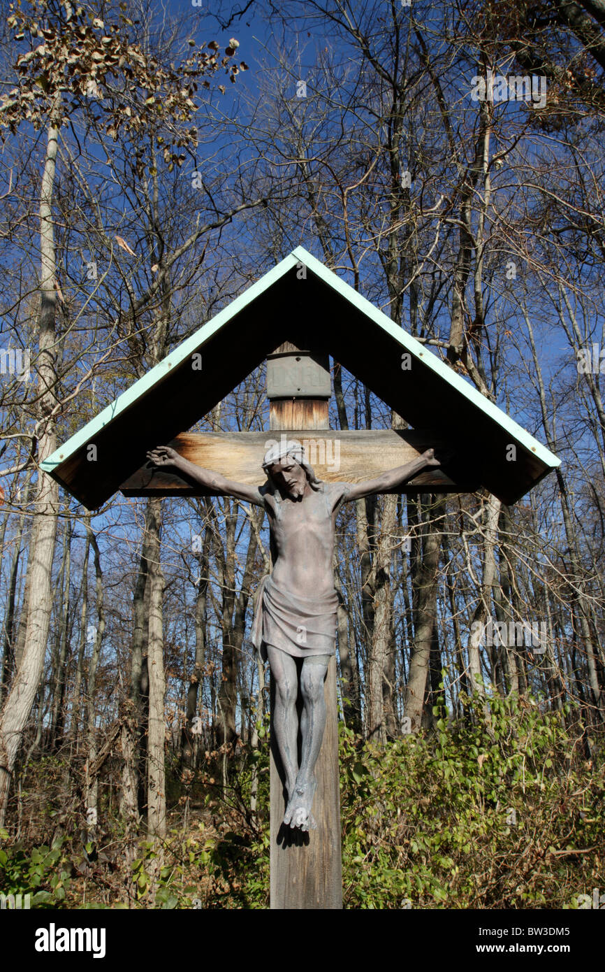 Crucifix erected in Vera Cruz cemetery in Ohio. The cemetery, not in use anymore, has graves dating back to the 18th Century Stock Photo