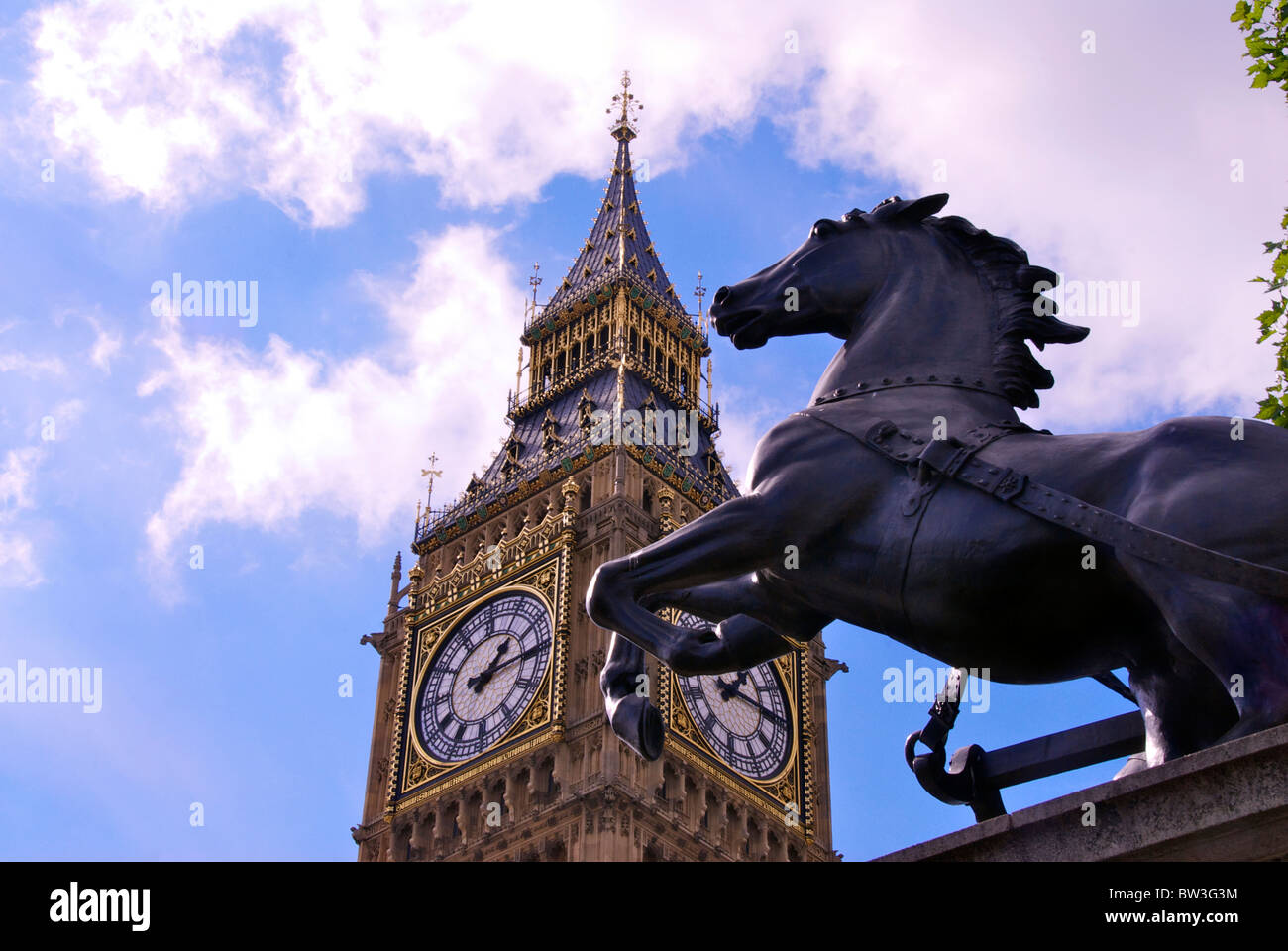 Horse statue and Big Ben Stock Photo Alamy