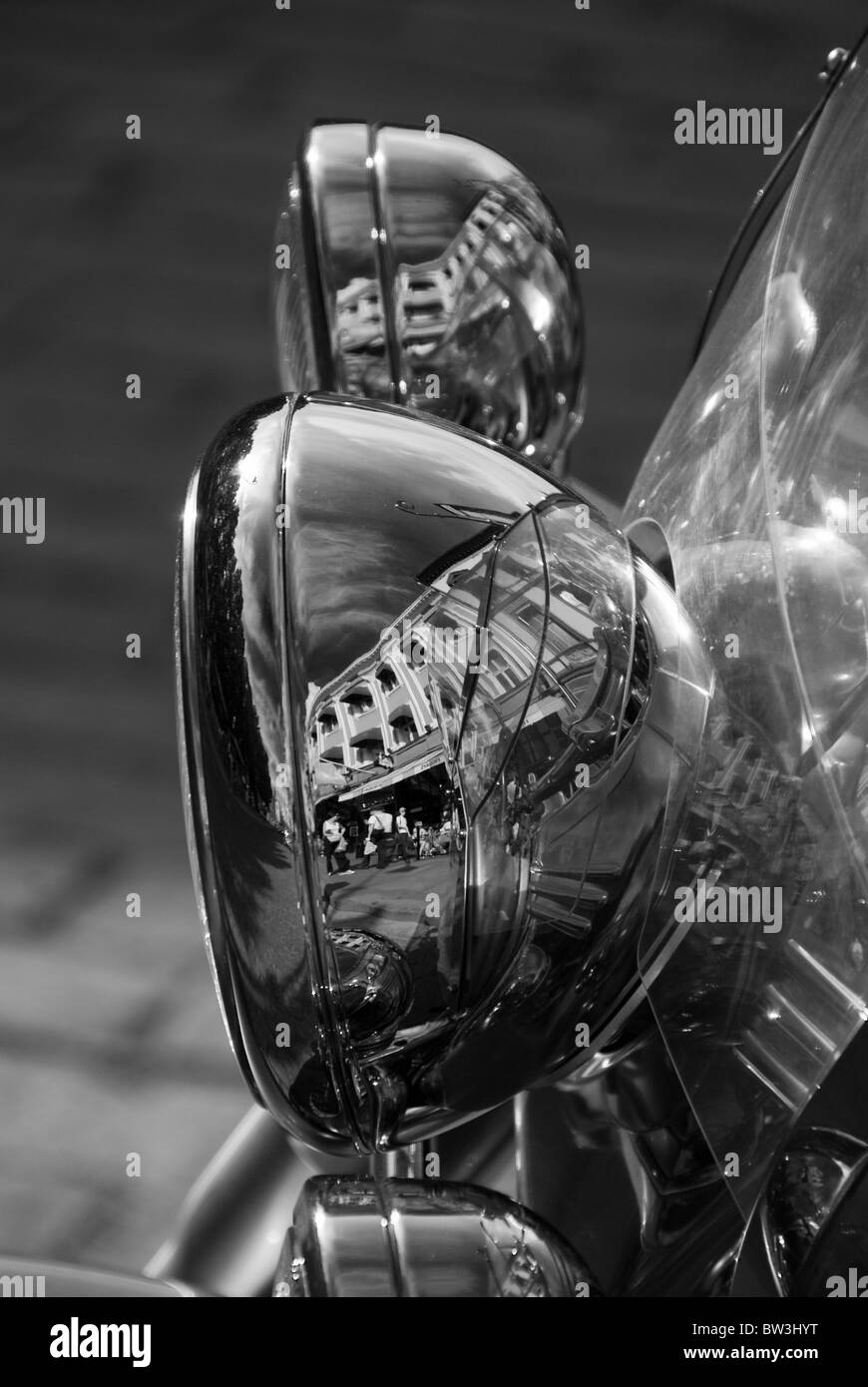 Motorbike Lamp City Reflection in a Street of Oslo, Norway Stock Photo