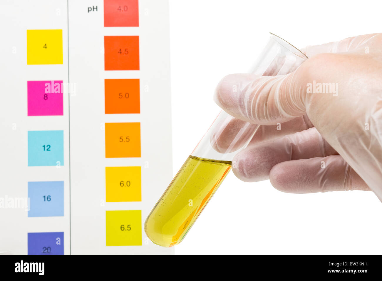 Hand holding test tube with pH indicator comparing color to scale Stock Photo
