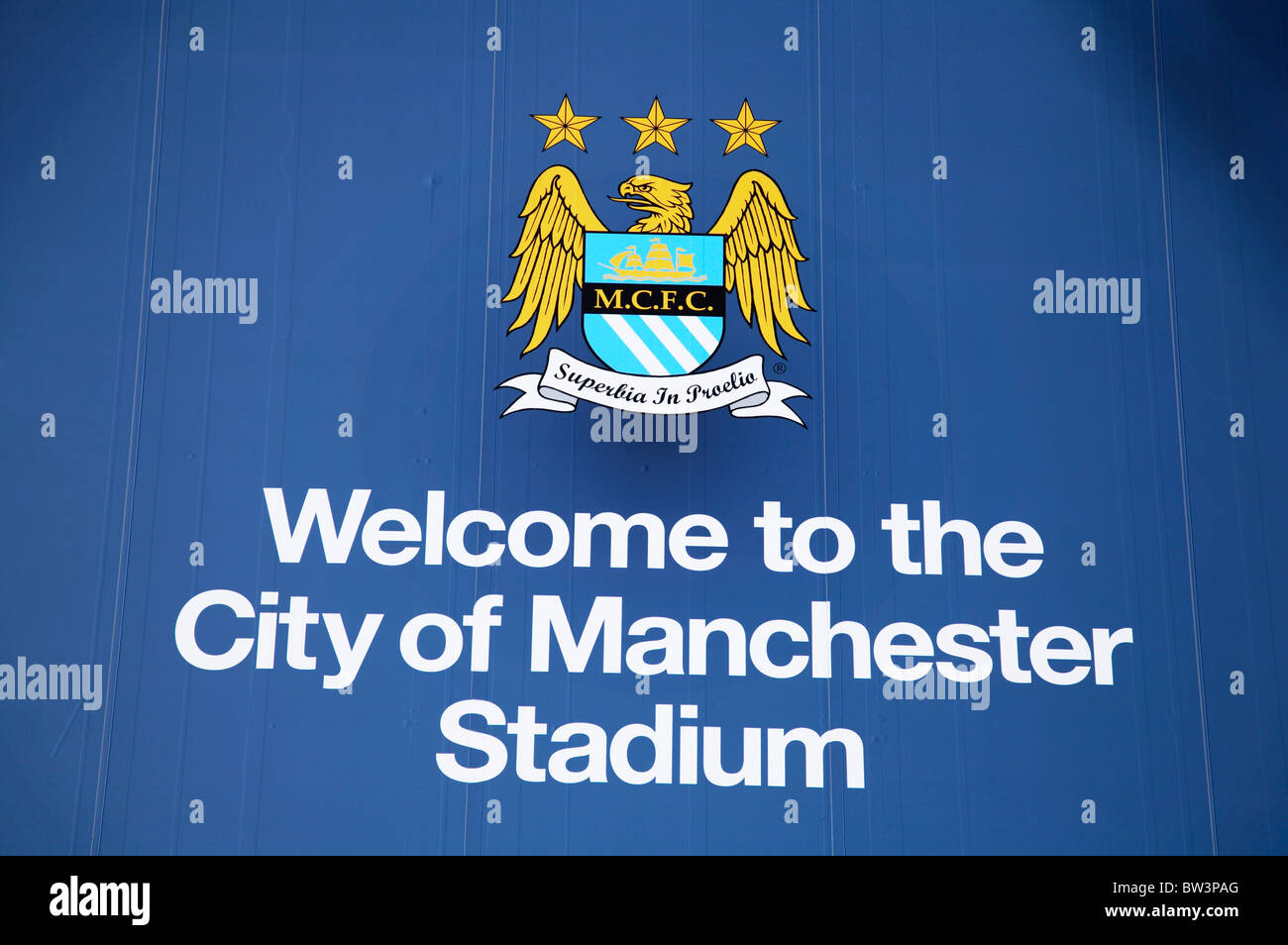 Welcome sign at City of Manchester stadium home of Manchester City Football Club Stock Photo