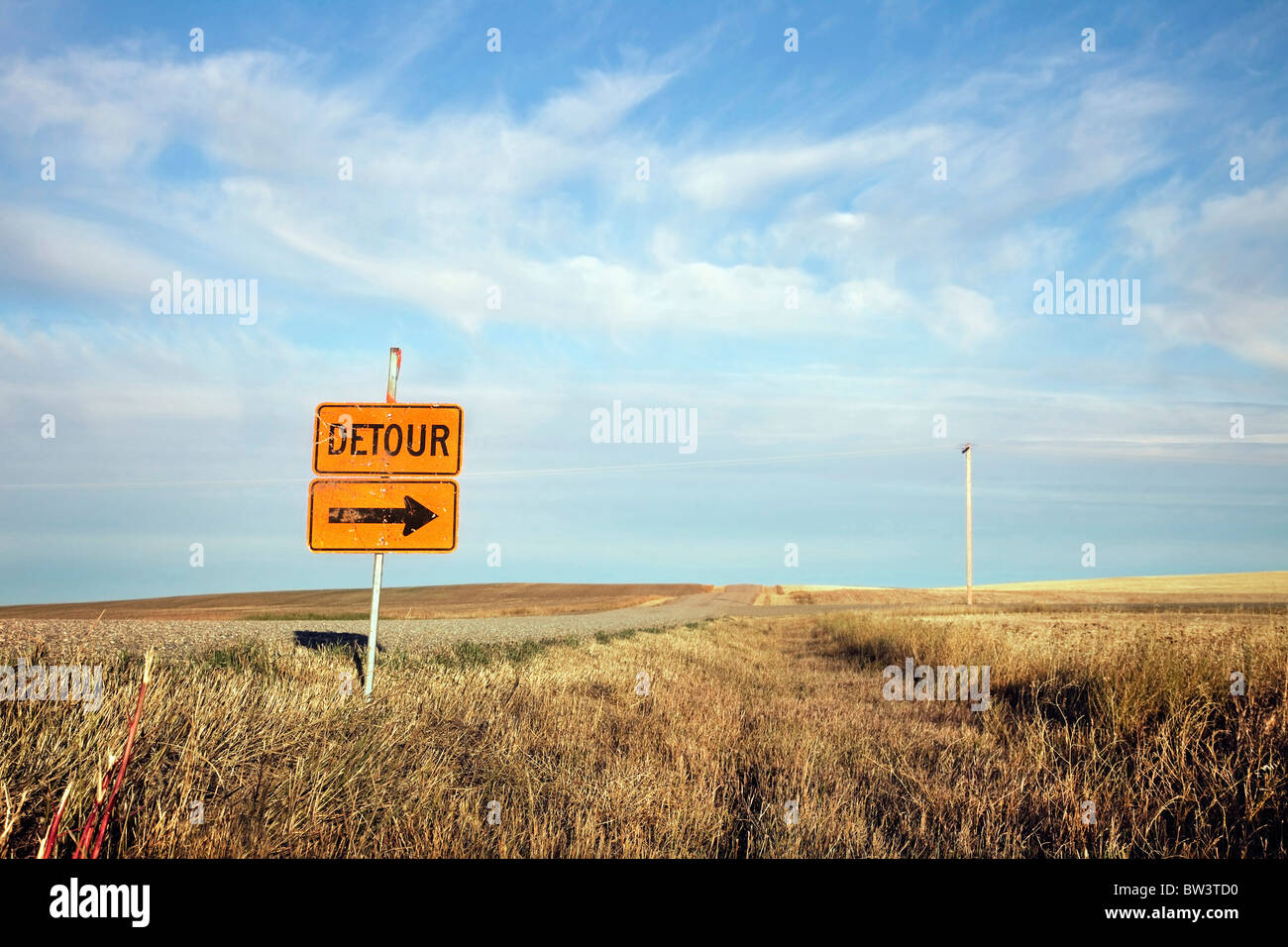 Detour sign by rural road, Saskatchewan, Canada Stock Photo