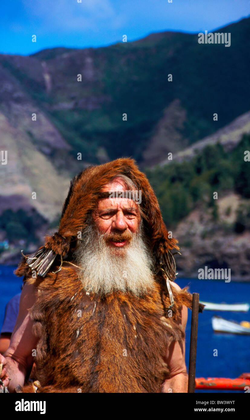 Local man dressed as Robinson Crusoe on Robinson Crusoe Island, also known as Juan Fernandes Island, Chile Stock Photo