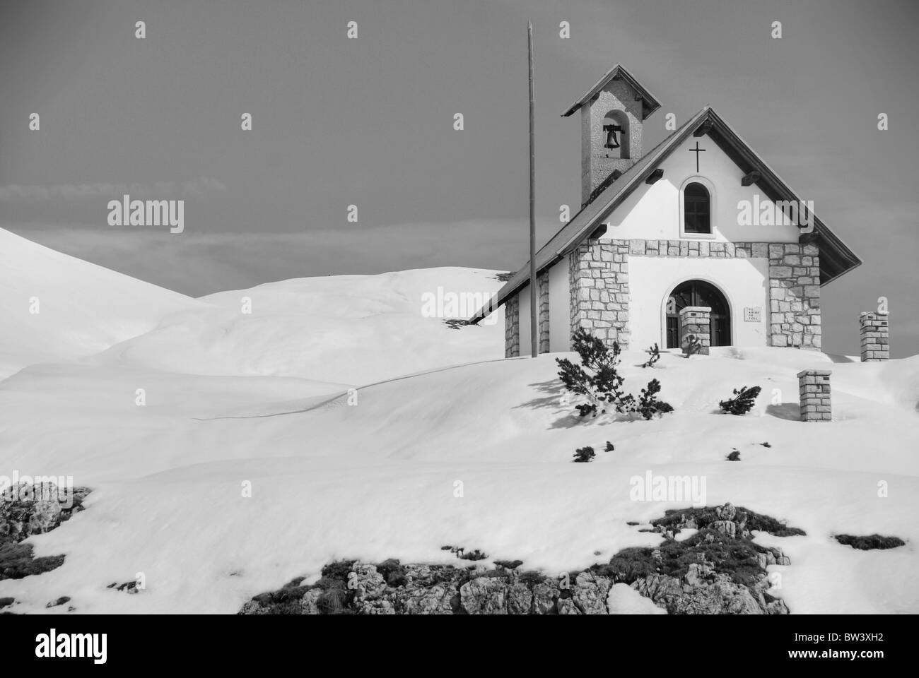 Small Dolomites Church in Misurina, Italy Stock Photo