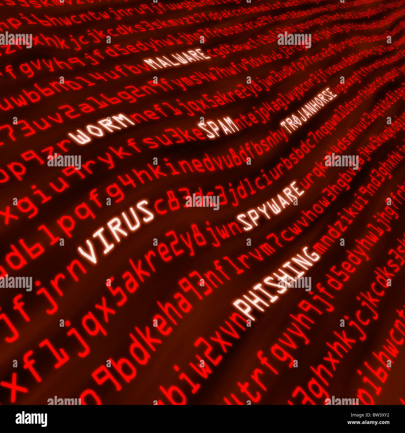 Methods of cyber attack including virus, worm, trohan horse, malware and spyware in red computer machine code Stock Photo