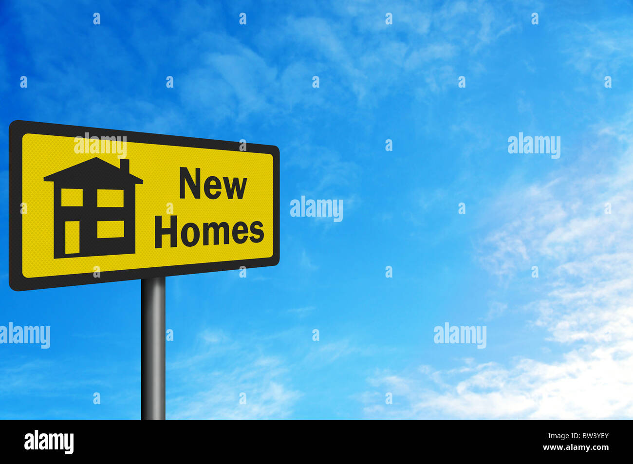 'New Homes' photo realistic sign against a blue sky, with space for your text / editorial overlay Stock Photo
