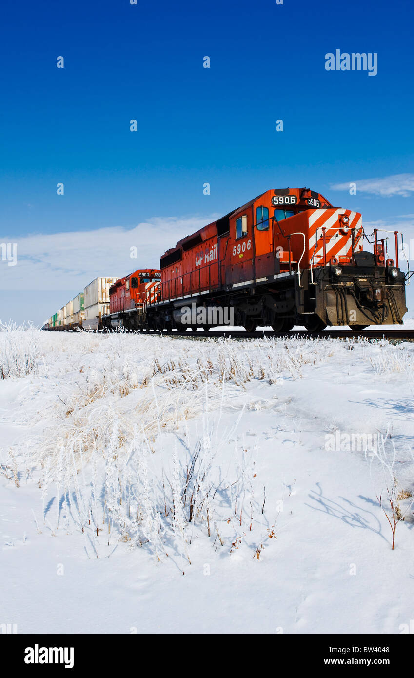 Railcars carrying containers near Winnipeg, Manitoba, Canada Stock Photo