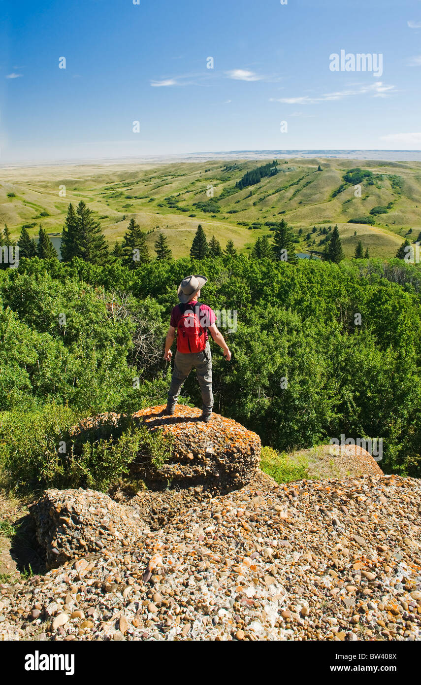 Hiker at Conglomerate Cliffs lookout, Cypress Hills Interprovincial Park, Saskatchewan Stock Photo