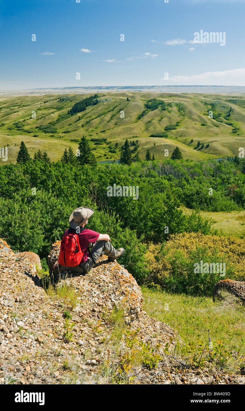 Hiker at Conglomerate Cliffs lookout, Cypress Hills Interprovincial Park, Saskatchewan, Canada Stock Photo